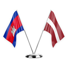 Two table flags isolated on white background 3d illustration, cambodia and latvia