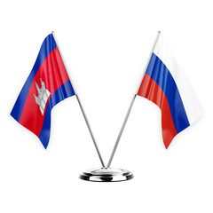 Two table flags isolated on white background 3d illustration, cambodia and russia