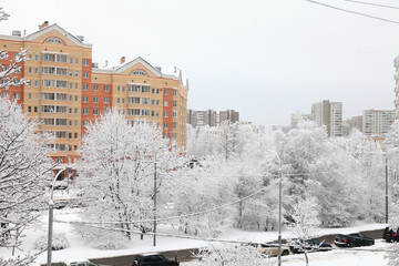 morning city after heavy snow