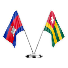 Two table flags isolated on white background 3d illustration, cambodia and togo