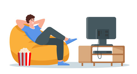 Relaxed young man sitting on armchair and watching TV. Male character resting on bean bag after work with popcorn and television. Flat or cartoon vector illustration.