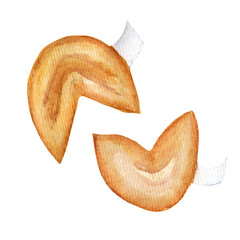 Watercolor food set, Chinese fortune cookies. Elements are isolated on a white background.