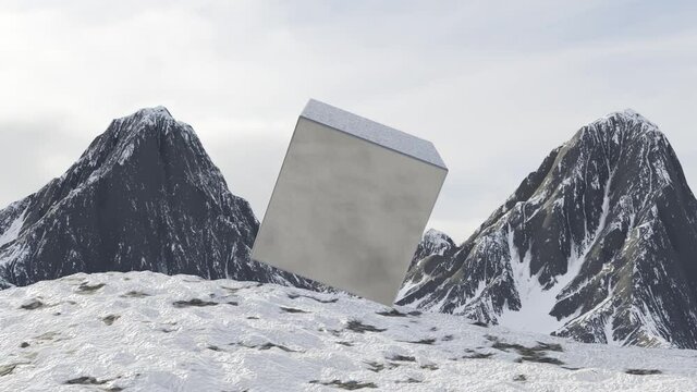 Rotating cube on background of mountains. Design. Mysterious animation of metal cube rotating on background of mountains. Cosmic metal cube rotates in air near mountains