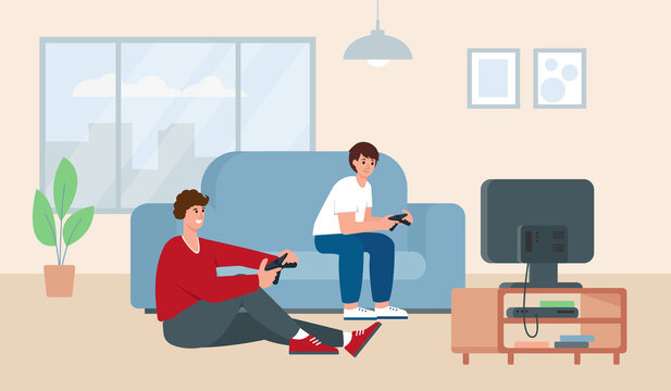 Young father with teenager son playing video games on game console. Handsome man and his child spend time together at home. Flat or cartoon vector illustration.