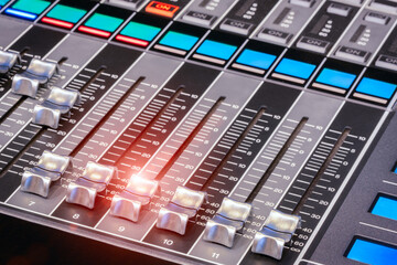 Audio sound DJ mixer control panel remote for music keyboard. close up view macro closeup.