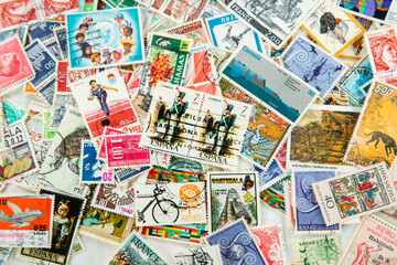 Fototapeta na wymiar World Stamps, Collage Stamps Of Different Countries, World Currencies, World Order