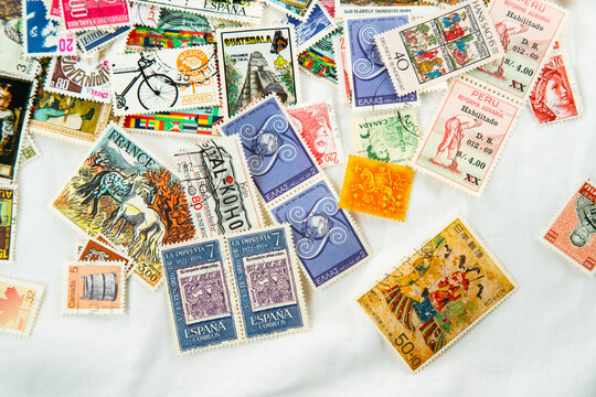 Vintage World Stamps Collage, Different Currencies, Values Countries, New World Order