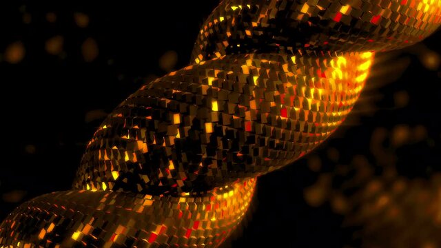 Gold and black abstract background with metal rope looking like snake scales. Twisting metal shain on shimmering background, seamless loop.