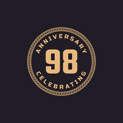 Vintage Retro 98 Year Anniversary Celebration with Circle Border Pattern Emblem. Happy Anniversary Greeting Celebrates Event Isolated on Black Background