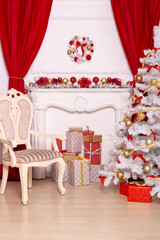 Christmas and New Year holiday decorated room, tree with gifts and toys, fireplace