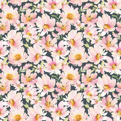 Seamless pattern with watercolor pink flowers isolated on dark background. Garden style texture for wrapping paper or textile