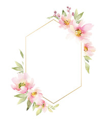 Golden frame in the design with watercolor pink flowers. Spring composition for your design, postcard or a wedding invitation