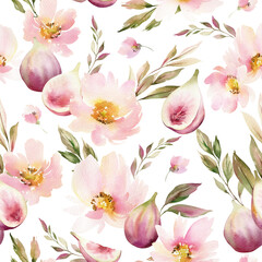 Seamless pattern with pink flowers and figs. Repeating background with elements of watercolor flowers isolated on white background. Garden style texture for wrapping paper or textile
