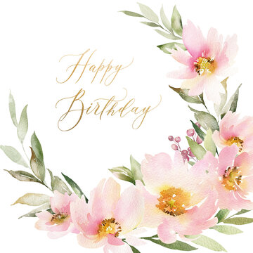 Watercolor card with pink flowers and golden calligraphy. Greeting card with spring flowers or a holiday invitation.