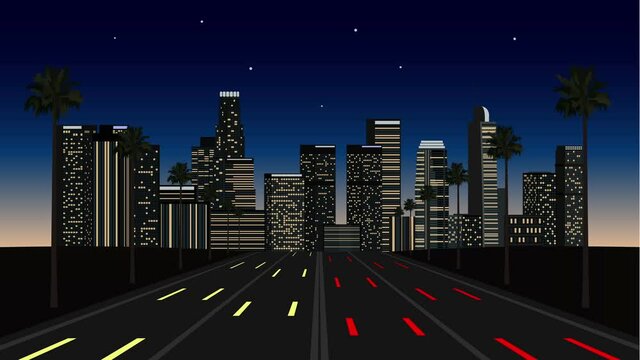 Modern city video background. Night flight towards downtown Los Angeles over a heavy traffic freeway. Palm tree silhouettes along the highway. 4K animation footage. Seamless loop