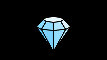 Blue diamond gem or jewel, outline vector icon with thick black stroke. Brilliant crystal classic shape, isolated on black background. Diamant logo.