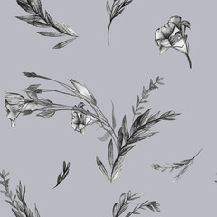 Vintage botanical black and white pattern with eustoma flowers and drawn in pencil on a gray background. Seamless printing for textiles and surface design