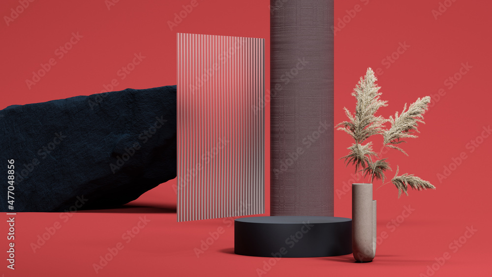 Poster black round podium display pampas grass in vase, glass and stone on red background. copy space. empt