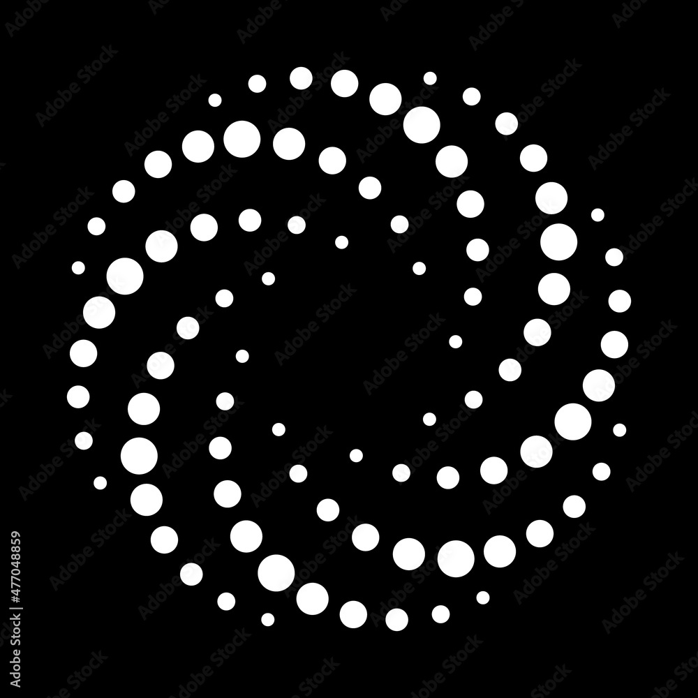 Poster white dots in circle on black background. modern abstract spiral halftone background. twirl abstract