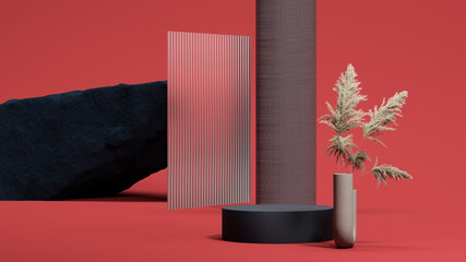 Black round podium display pampas grass in vase, glass and stone on red background. Copy space. Empty space. 3d rendering.