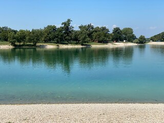 Jarun beach or bathing place small Jarun lake and the Island of rowers during summer, Zagreb -...