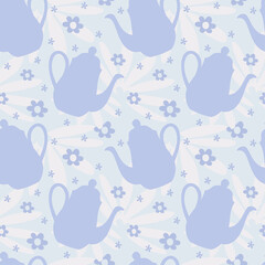 Teapot seamless pattern. Blue background with teapot silhouettes.