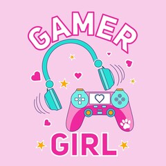 Gamer girl cute vector illustration with headphones, game controller, hearts and stars. Kawaii pink gamer girl vector illustration. Flat style gamer design for card, print, poster, textile etc. © OLHA