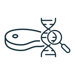 Research of Gene Modified Meat Line Icon. Magnifier, Dna Molecule, Meat Linear Pictogram. Artificial Food Concept. Genetic Cultured Meat Outline Icon. Editable Stroke. Isolated Vector Illustration