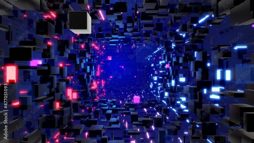 Poster tunnel with neon light. sci-fi bg fly through tech digital space. concept of hi-tech information flo