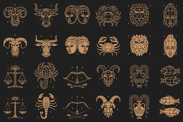 Zodiacal symbols. Vector illustration. Astrology, horoscope sign, graphic design elements, printing template. Esoteric zodiacal horoscope templates Isolated on black silhouette and thin line art.