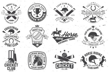 Set of cricket and Horse riding club, patches, emblem, logo. Vector illustration. Concept for shirt, print, stamp or tee. Templates for cricket and Horse riding sports club. Vintage monochrome label