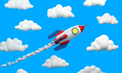 Naklejka na ściany i meble Rocket with jet smoke flies among the clouds. Funny toy space rocket. 3d illustration. 3d render.