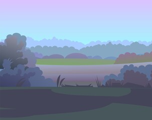 Fototapeta na wymiar Evening landscape. Rural countryside beautiful view. Twilight after sunset. Early in the morning before dawn. Fields and meadows. Flat style. Vector