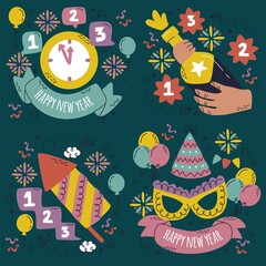 doodle new year party stickers abstract design vector illustration