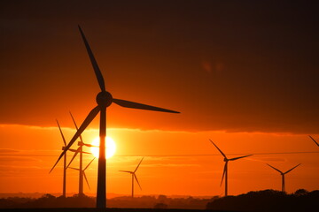 Striking sunset through wind turbine farm in East Yorkshire, UK