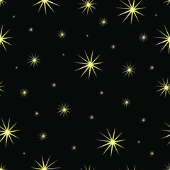 
seamless pattern of bright yellow stars on the black night sky