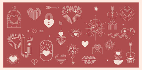 Fototapeta na wymiar Minimalist Bohemian Valentine's day elements, art linear symbols and icons, heart, lips, sun and rainbow, design templates, geometric abstract design elements for decoration