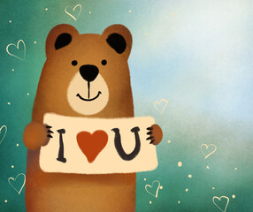 cute cheerful hand drawn greeting illustration. bear holding a poster with the inscription i love you