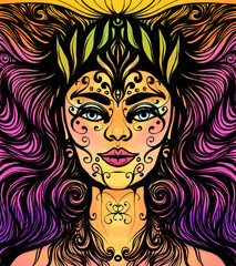 unusual multicolor hand-drawn portrait of a woman decorated with curls on a dark background