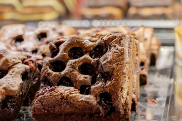 A close up chocolate spongy brownie cakes. 