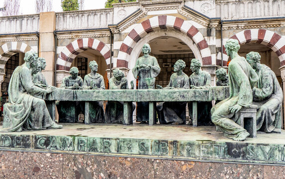 Bronze sculptures depicting the Last Supper, grave of Campari family in the Monumental Cemetery of Milan, Lombardy region, Italy