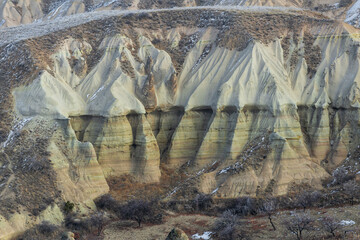 Volcanic rock landcsape of Fairy tale chimneys in Cappadocia with blue sky on background 