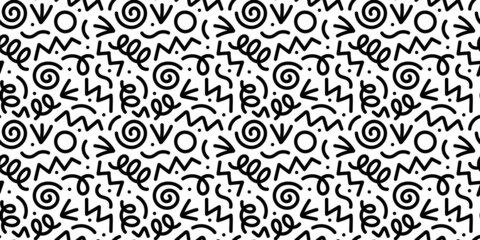 Fun black line doodle seamless pattern. Creative minimalist style art background for children or trendy design with basic shapes. Simple childish scribble backdrop.