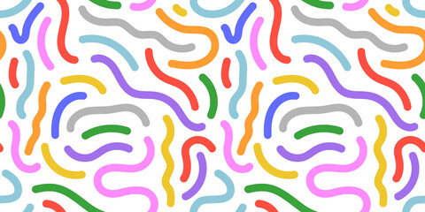 Obraz premium Fun colorful line doodle seamless pattern. Creative minimalist style art background for children or trendy design with basic shapes. Simple childish scribble backdrop.