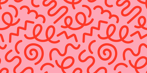 Fun red line doodle seamless pattern. Creative minimalist style art background for children or trendy design with basic shapes. Simple childish scribble backdrop.