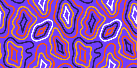 Abstract seamless pattern illustration with colorful line shapes in retro psychedelic art style. Colorful trendy background design.