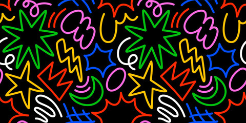 Fototapeta premium Fun colorful line doodle seamless pattern. Creative comic style art background, trendy design with scribble shapes on black backdrop. 
