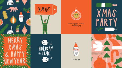 Merry Christmas Happy New year vintage greeting card cartoon collection. Funny xmas party inviation template set, quirky winter holiday poster and wallpaper bundle.