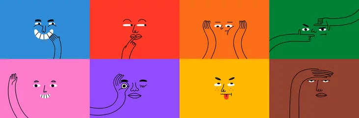 Fotobehang Diverse people face doing funny hand gesture and emotion. Colorful avatar design set, modern flat cartoon character collection in simple doodle art style for psychology concept or social reaction.  © Dedraw Studio