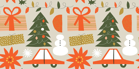 Abstract shape christmas seamless pattern cartoon. Modern xmas season illustration for holiday celebration. Flat drawing of gift, pine tree and car.